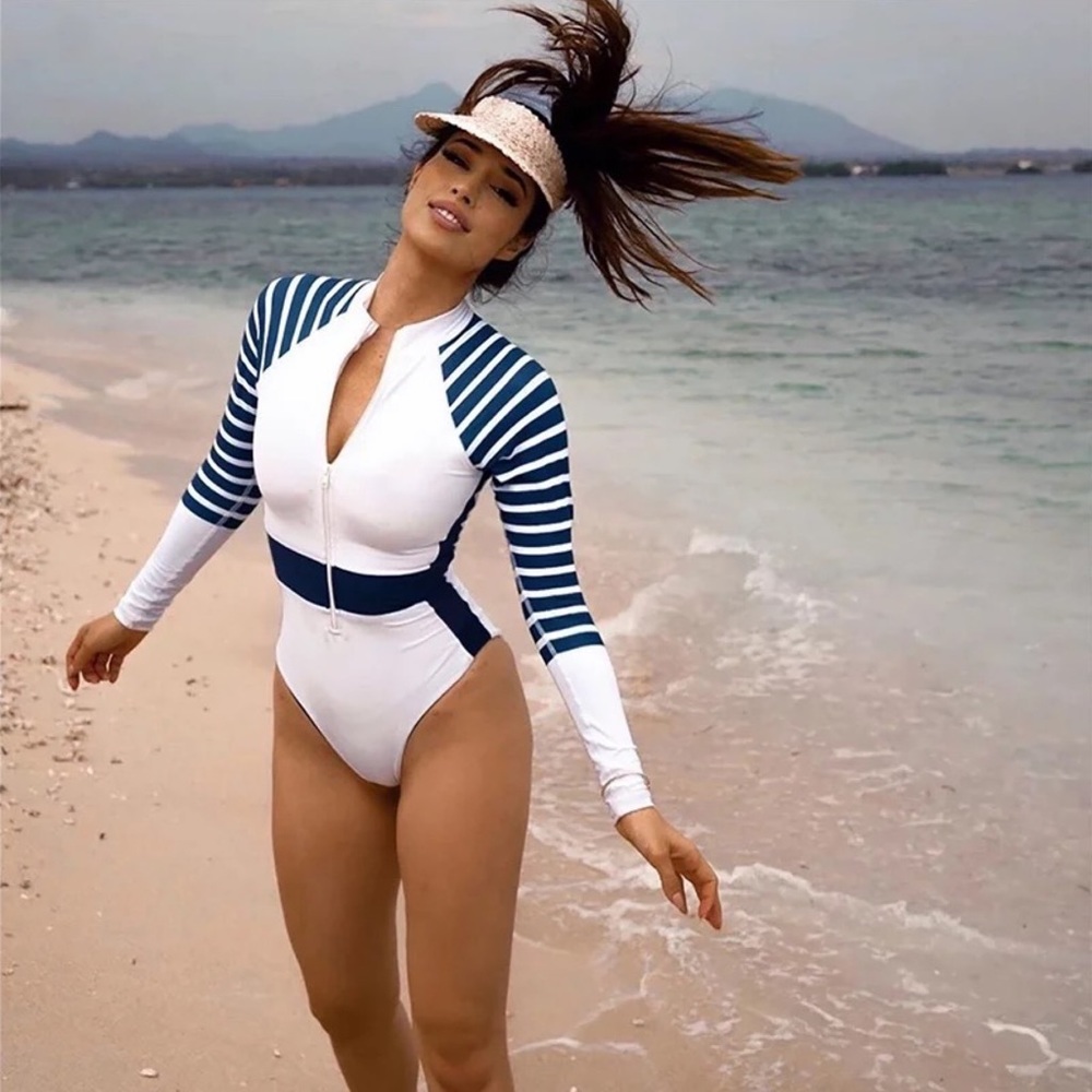 Sporty White and Navy Blue Striped Zip-Up Long Sleeve Rash Guard Swimsuit - Picture 2 of 16